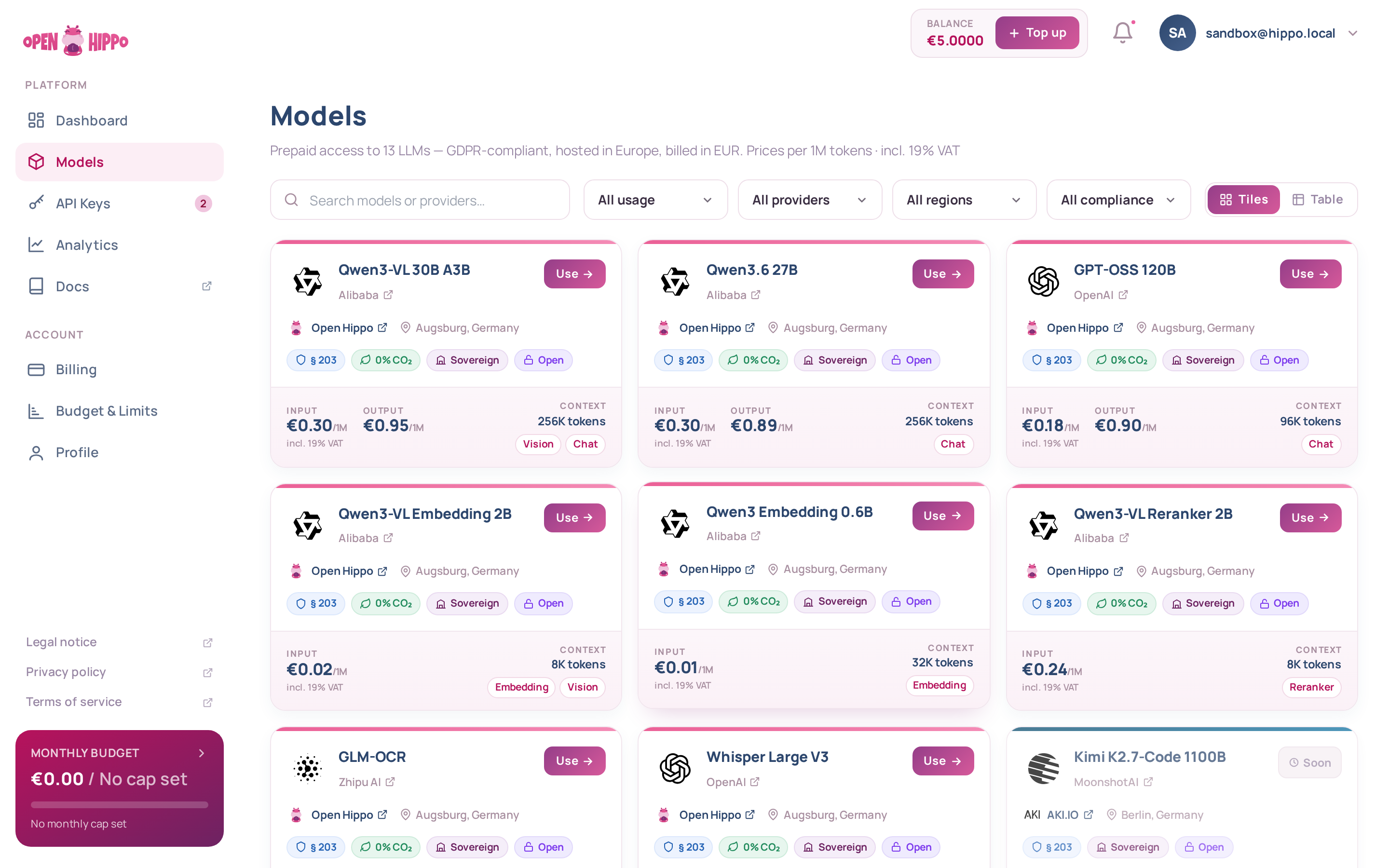 Models-Konsole mit Compliance-Filtern
