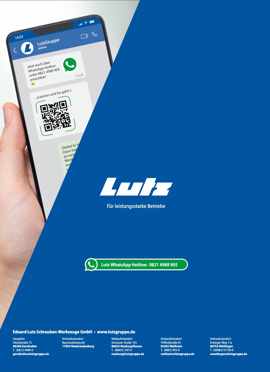 Dos du catalogue Lutz : la hotline WhatsApp du groupe Lutz sur un smartphone